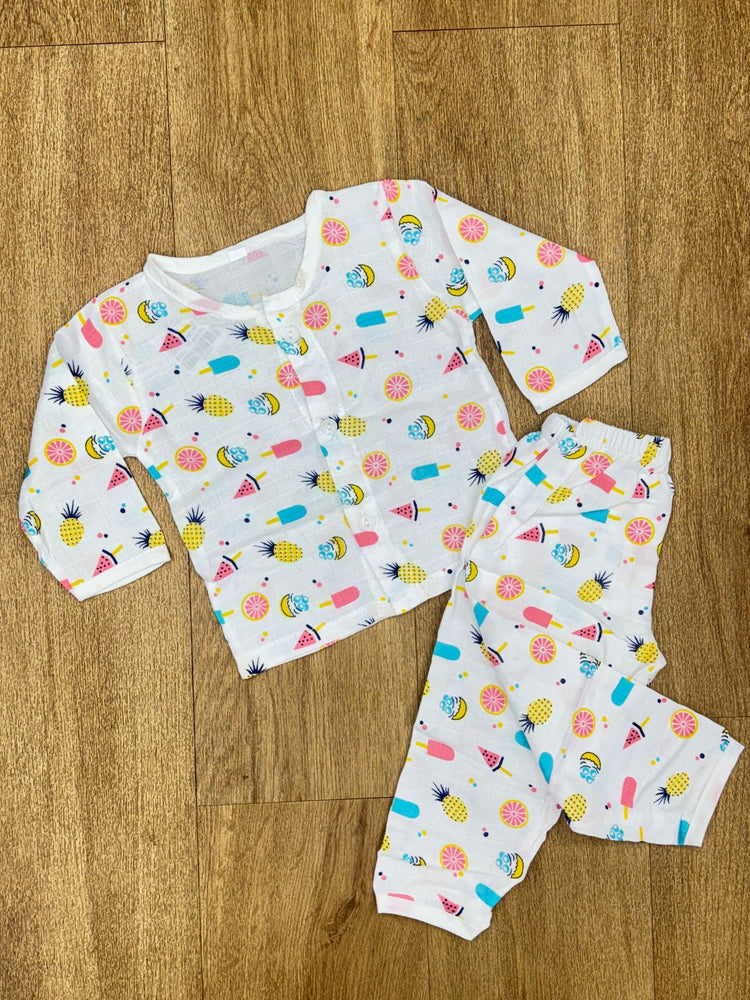 This baby clothing set is a matching muslin jabla and pant set, commonly used as a night suit or comfortable loungewear for infants and toddlers.