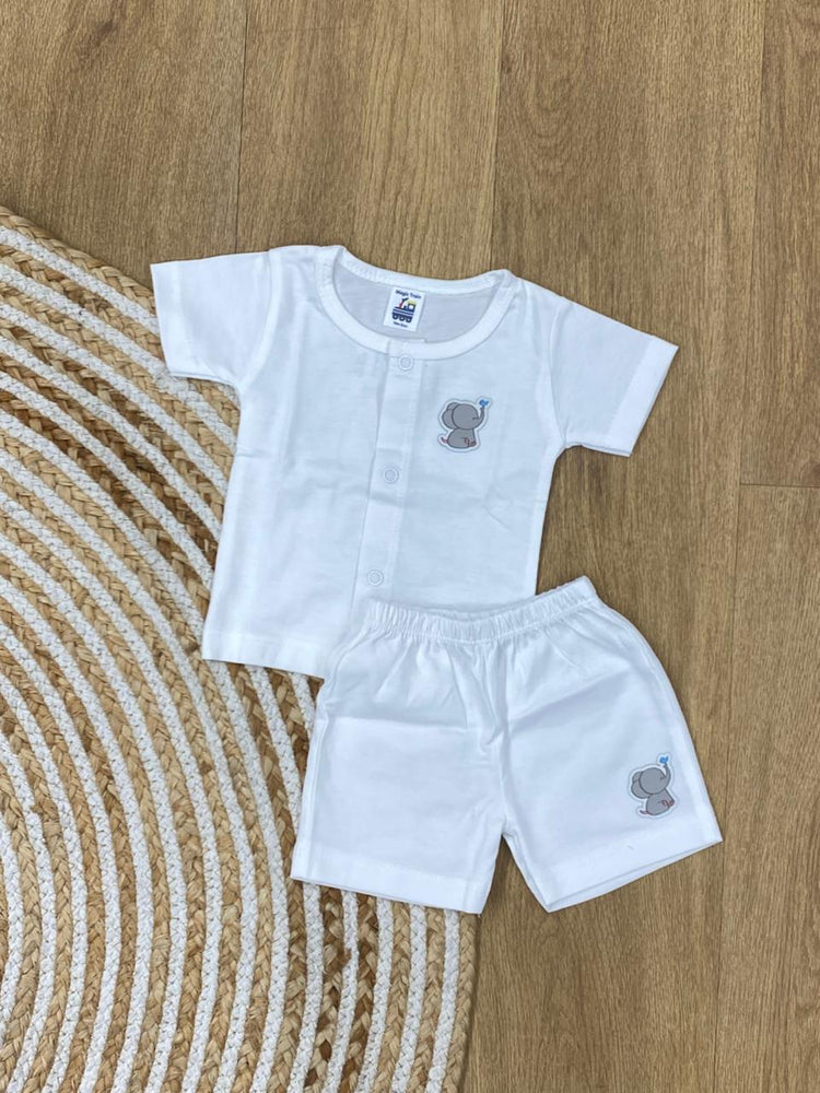 The item in the image is an (Magic train)Unisex Cotton Plain Baby Short Sleeves Suit & Short Pants. The small logo on both the shirt and shorts is a elephant.