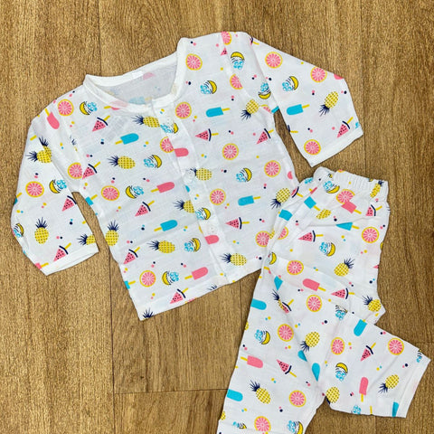 This baby clothing set is a matching muslin jabla and pant set, commonly used as a night suit or comfortable loungewear for infants and toddlers.