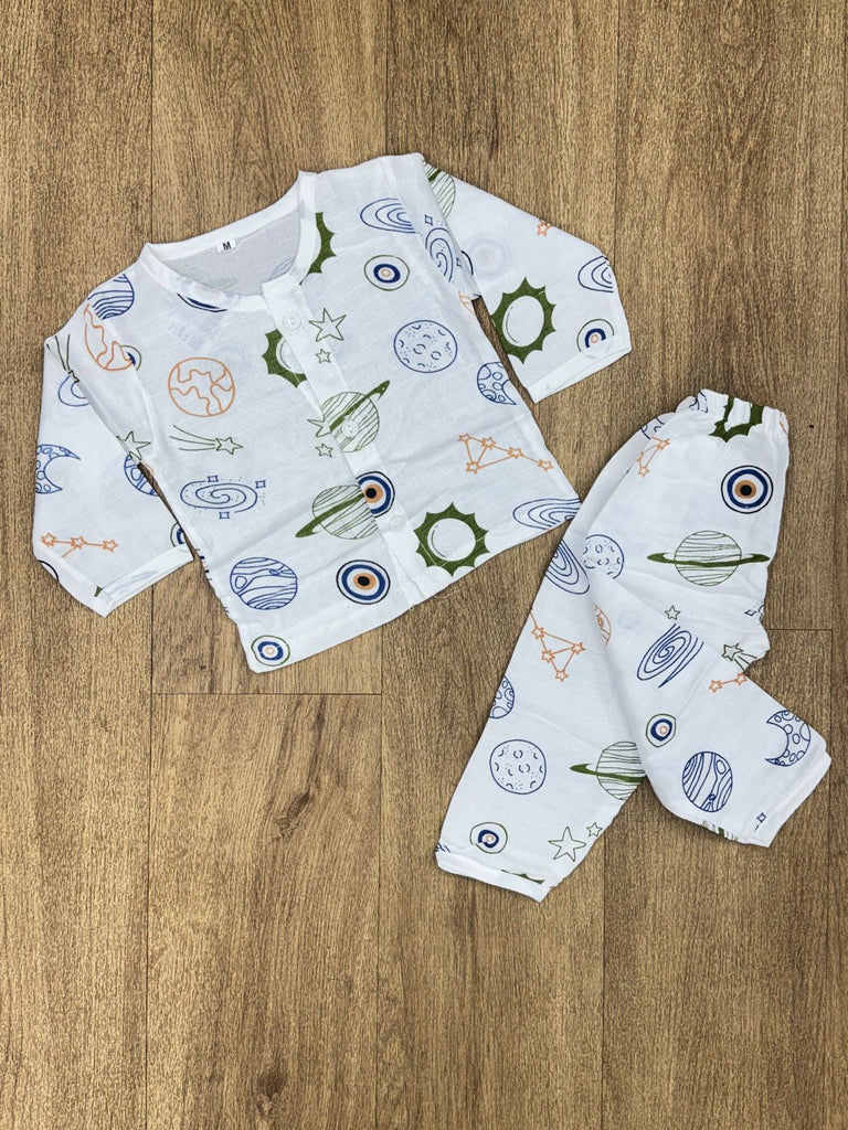 The item shown in the image is a children's muslin cotton night suit set, featuring a "Galaxy Adventure" or similar space-themed print.
