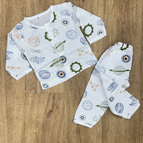 The item shown in the image is a children's muslin cotton night suit set, featuring a 