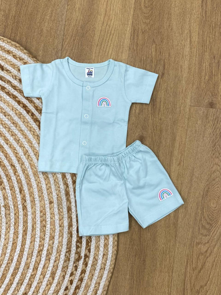 The item in the image is an (Magic train)Unisex Cotton Plain Baby Short Sleeves Suit & Short Pants. The small logo on both the shirt and shorts is a rainbow.