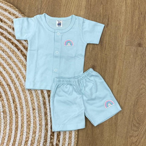 The item in the image is an (Magic train)Unisex Cotton Plain Baby Short Sleeves Suit & Short Pants. The small logo on both the shirt and shorts is a rainbow.