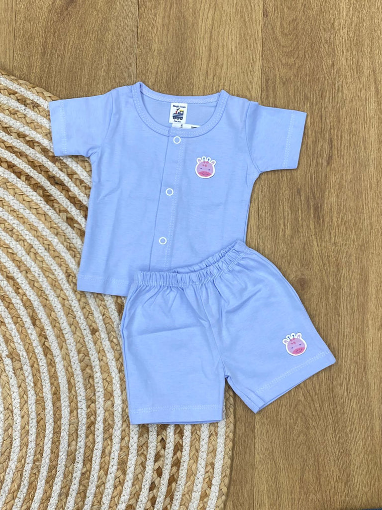 The item in the image is an (Magic train)Unisex Cotton Plain Baby Short Sleeves Suit & Short Pants. The small logo on both the shirt and shorts is a giraffe.