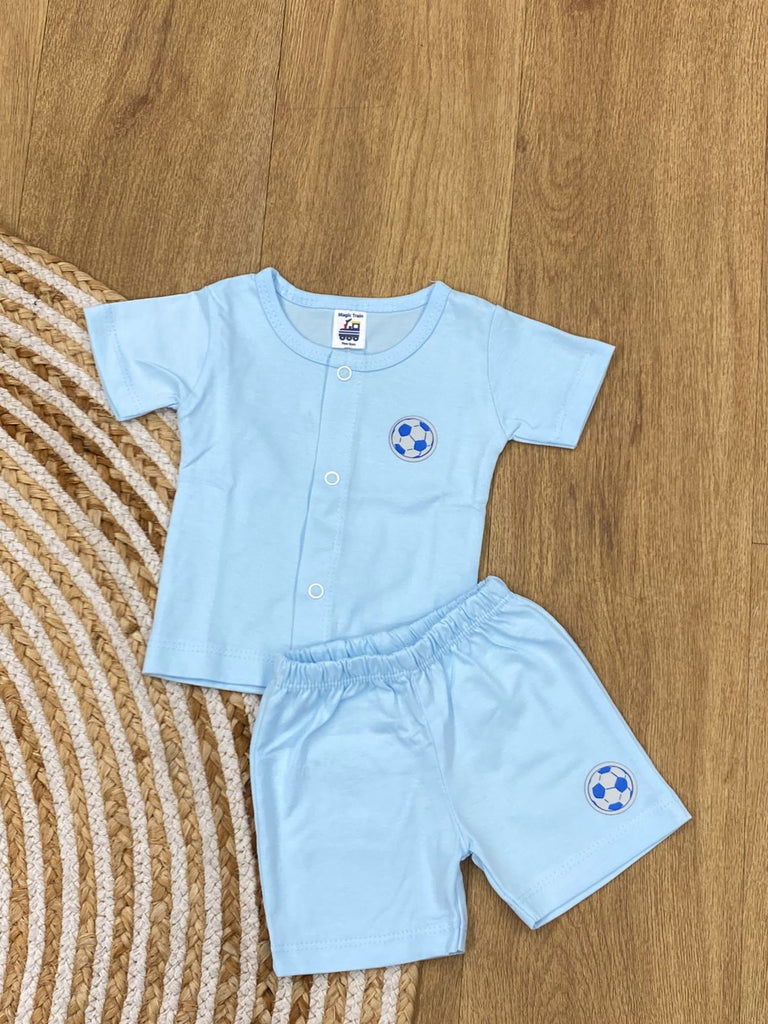 The item in the image is an (Magic train)Unisex Cotton Plain Baby Short Sleeves Suit & Short Pants. The small logo on both the shirt and shorts is a foot ball.