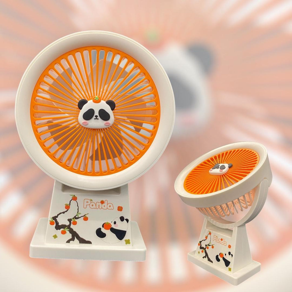 The fan in the image is a Panda-themed mini portable and desktop fan that is USB rechargeable and features multiple speed settings.