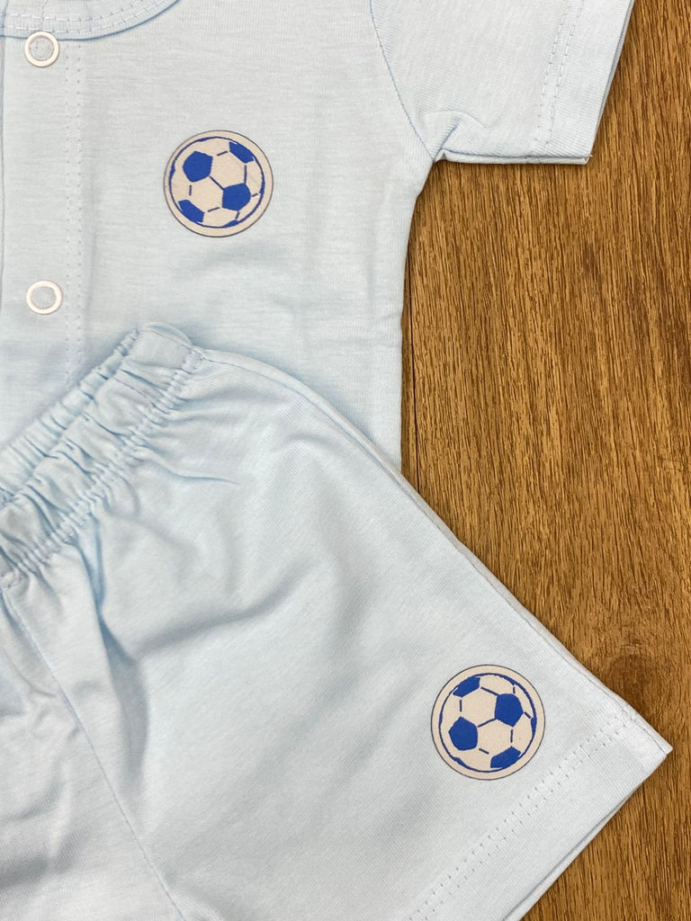 The item in the image is an (Magic train)Unisex Cotton Plain Baby Short Sleeves Suit & Short Pants. The small logo on both the shirt and shorts is a foot ball.