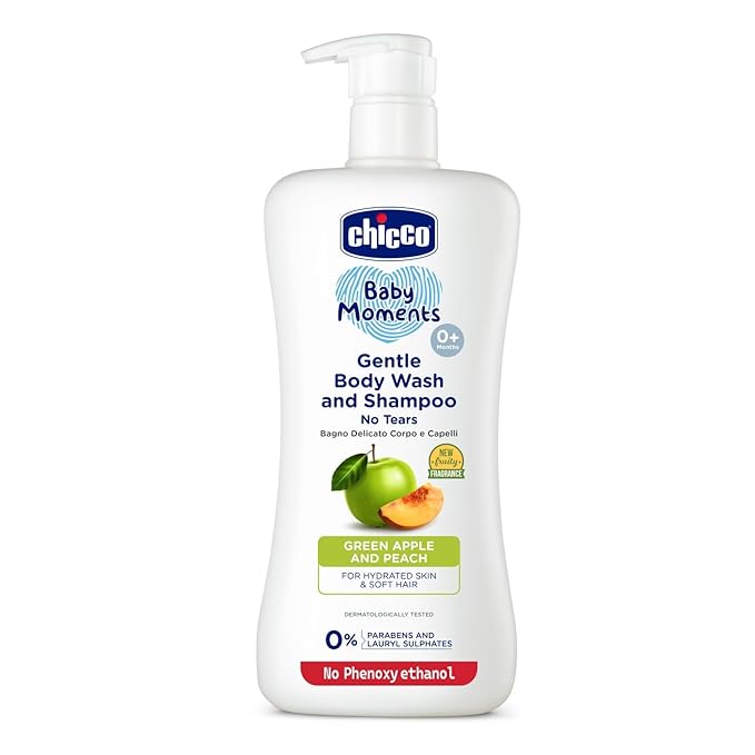 Chicco Baby Moments Gentle Bodywash & Shampoo with Green Apple & Peach, 500ml - Head-to-Toe