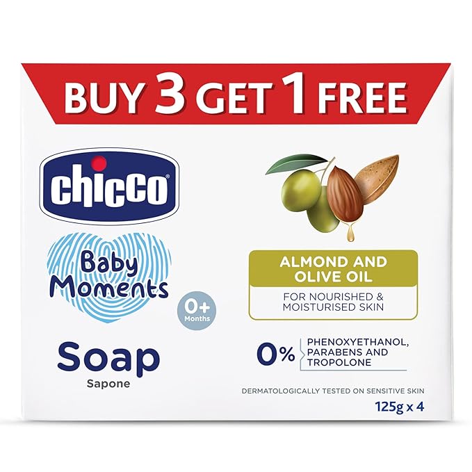 Chicco Baby Moments Soap 125g Buy 3 Get 1 Free For Nourished & Moisturised Skin With Natural Care of Almond & Olive Oil