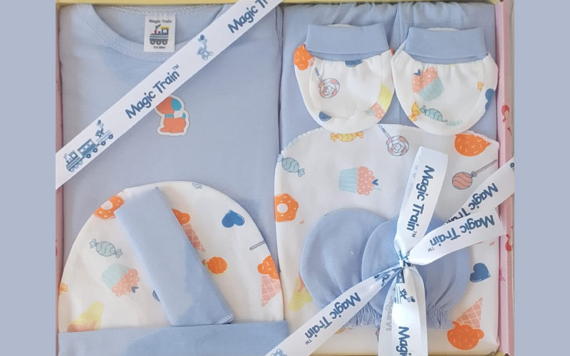 Magic Train New Born Baby Gift Set ( 7 Pcs ) - Blue & White