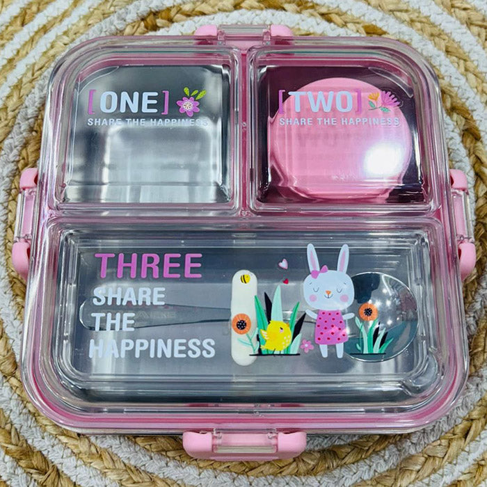 Kids Lunch Box with 3 Compartment Inner Steel, 1 Small Container & 1 Spoon Leakproof BPA Free Heating & Water Insulation