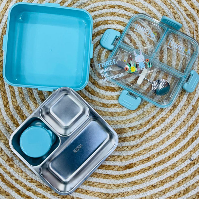 Kids Lunch Box with 3 Compartment Inner Steel, 1 Small Container & 1 Spoon Leakproof BPA Free Heating & Water Insulation