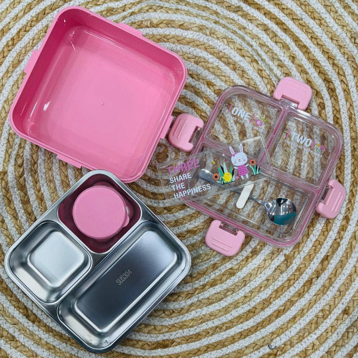 Kids Lunch Box with 3 Compartment Inner Steel, 1 Small Container & 1 Spoon Leakproof BPA Free Heating & Water Insulation
