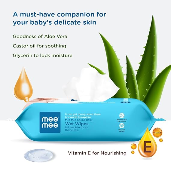 Mee Mee Soft Gentle Baby Wet Wipes (72 Wipes) Pack of 1 - Infused with Aloe Vera and Vitamin E - Paraben Free.