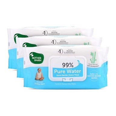 Mother Sparsh 99% Pure Water (Unscented) Baby Wipes I Natural Plant Made Cloth - Super Thick I 72pcs/Pack - BUY 2 GET 1 FREE