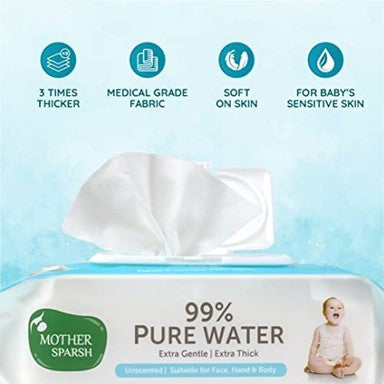 Mother Sparsh 99% Pure Water (Unscented) Baby Wipes I Natural Plant Made Cloth - Super Thick I 72pcs/Pack - BUY 2 GET 1 FREE